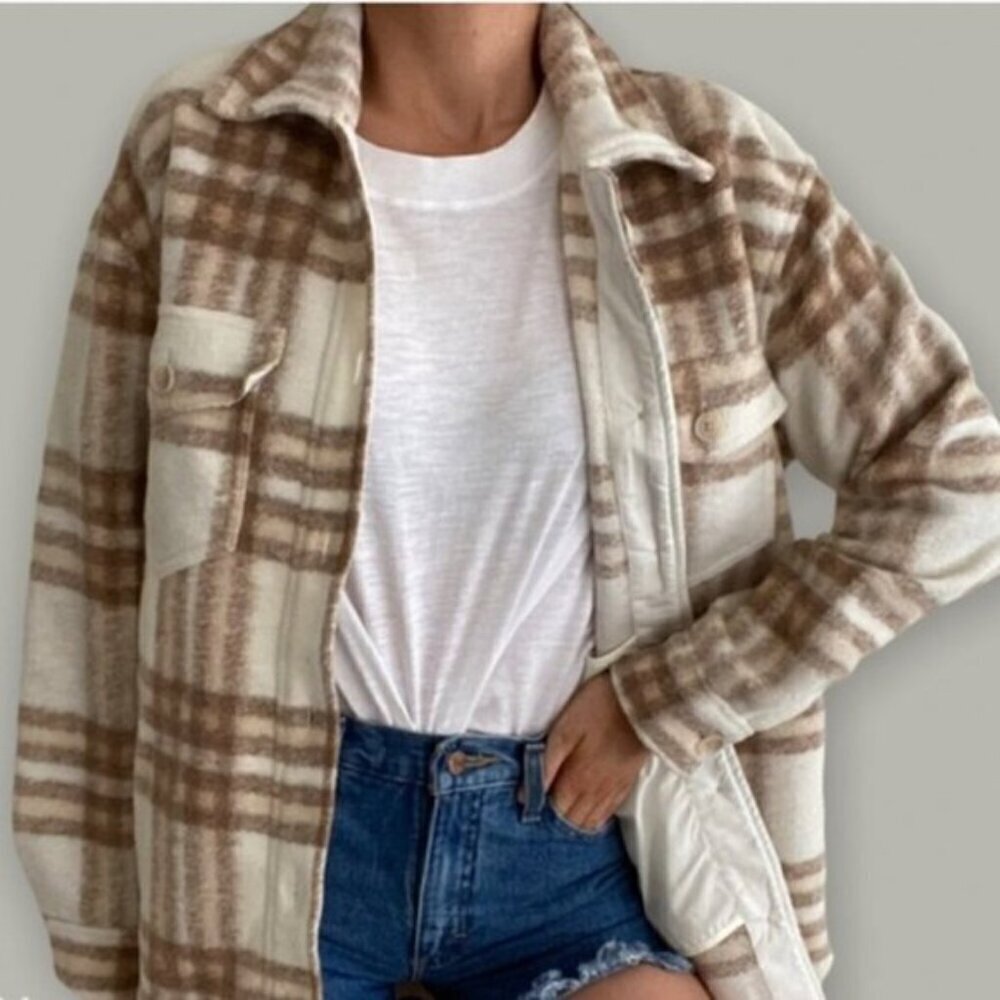 Joie Plaid Oversized Fleece Shacket Jacket Cotton Polyester Blend